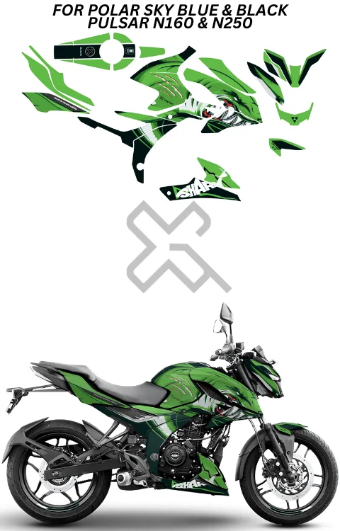 Green Shark Edition Full Body Sticker Compatible with Pulsar N160 & N250 | Made In Premium Gloss Vinyl With FPF(Fade Protection Film), Water Proof, Precut Sticker, Pack Of 1 Compatible with Both Side